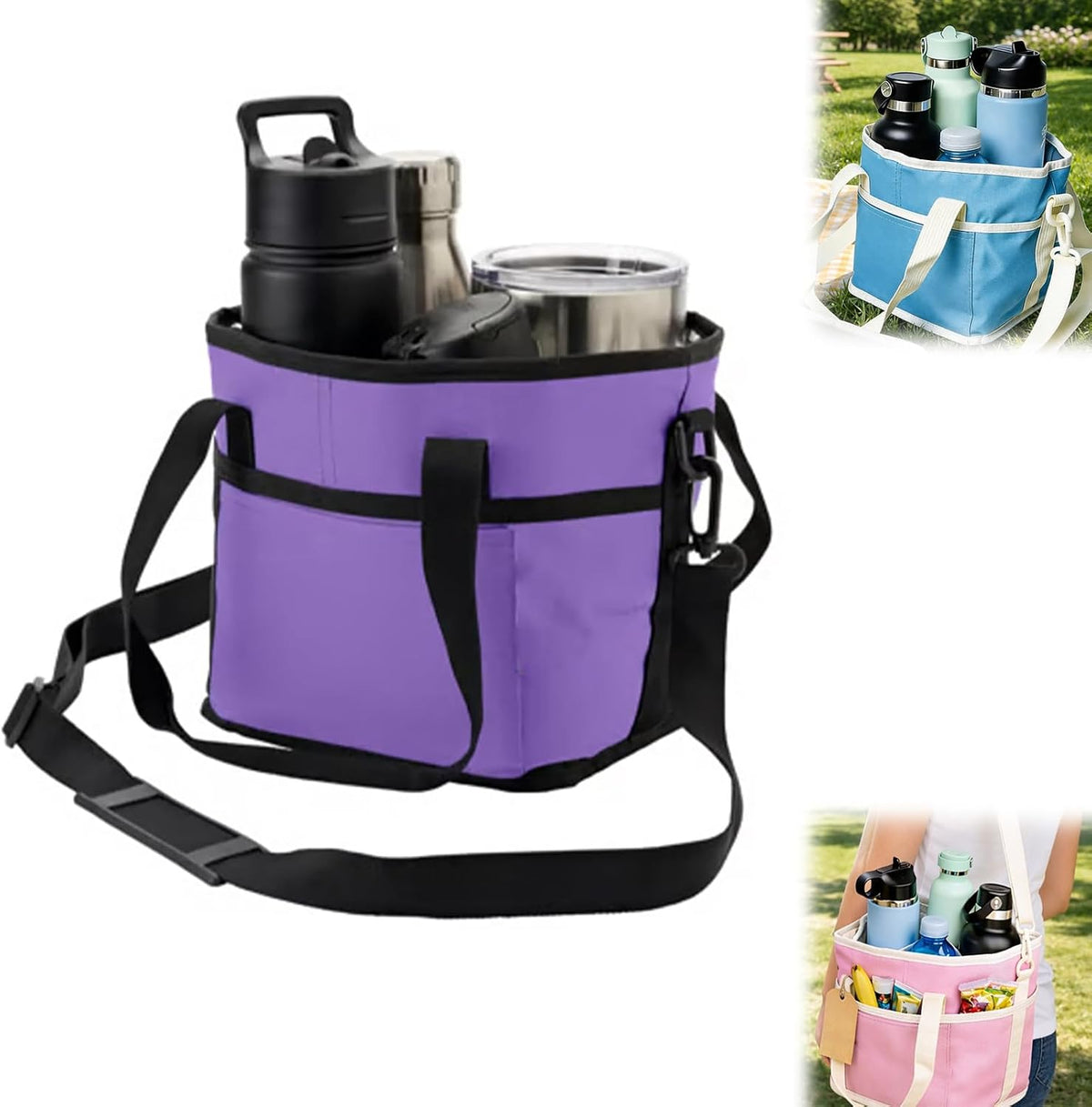 Family Size 4 Compartment Drink Bag, Insulated Multiple Tumbler Holder Caddy with Adjustable Strap, No-Spill Reusable Beverage Carrier for Hiking, Walking, Sports, Family Outings & Daily