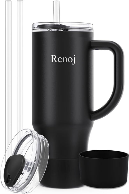 Renoj Insulated Mug 100% Leak Proof Insulated Water Bottle for Iced Coffee & Hot Drinks - Fits Car Cup Holder, Ideal Gift, 2 Straws & Silicone Boot - SnapShift Pink 32 oz
