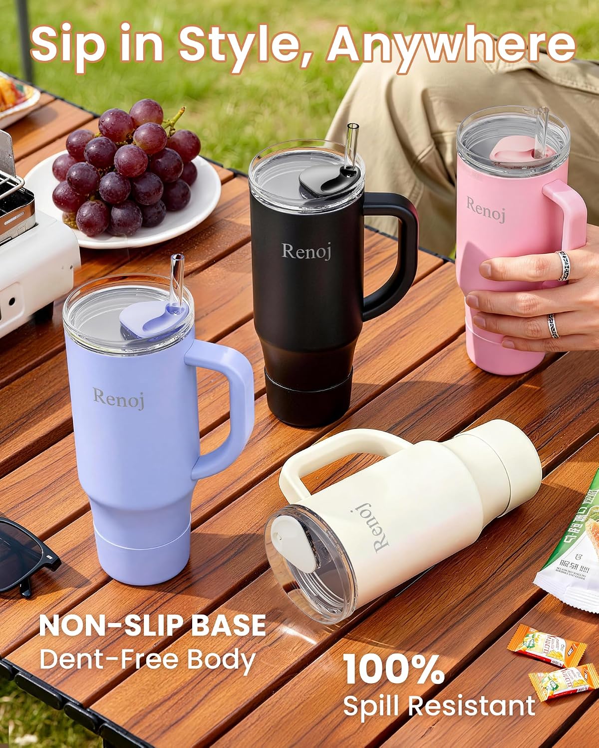 Renoj Insulated Mug 100% Leak Proof Insulated Water Bottle for Iced Coffee & Hot Drinks - Fits Car Cup Holder, Ideal Gift, 2 Straws & Silicone Boot - SnapShift Pink 32 oz