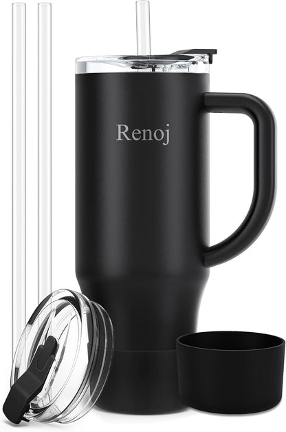 Renoj Insulated Mug 100% Leak Proof Insulated Water Bottle for Iced Coffee & Hot Drinks - Fits Car Cup Holder, Ideal Gift, 2 Straws & Silicone Boot - SnapShift Pink 32 oz