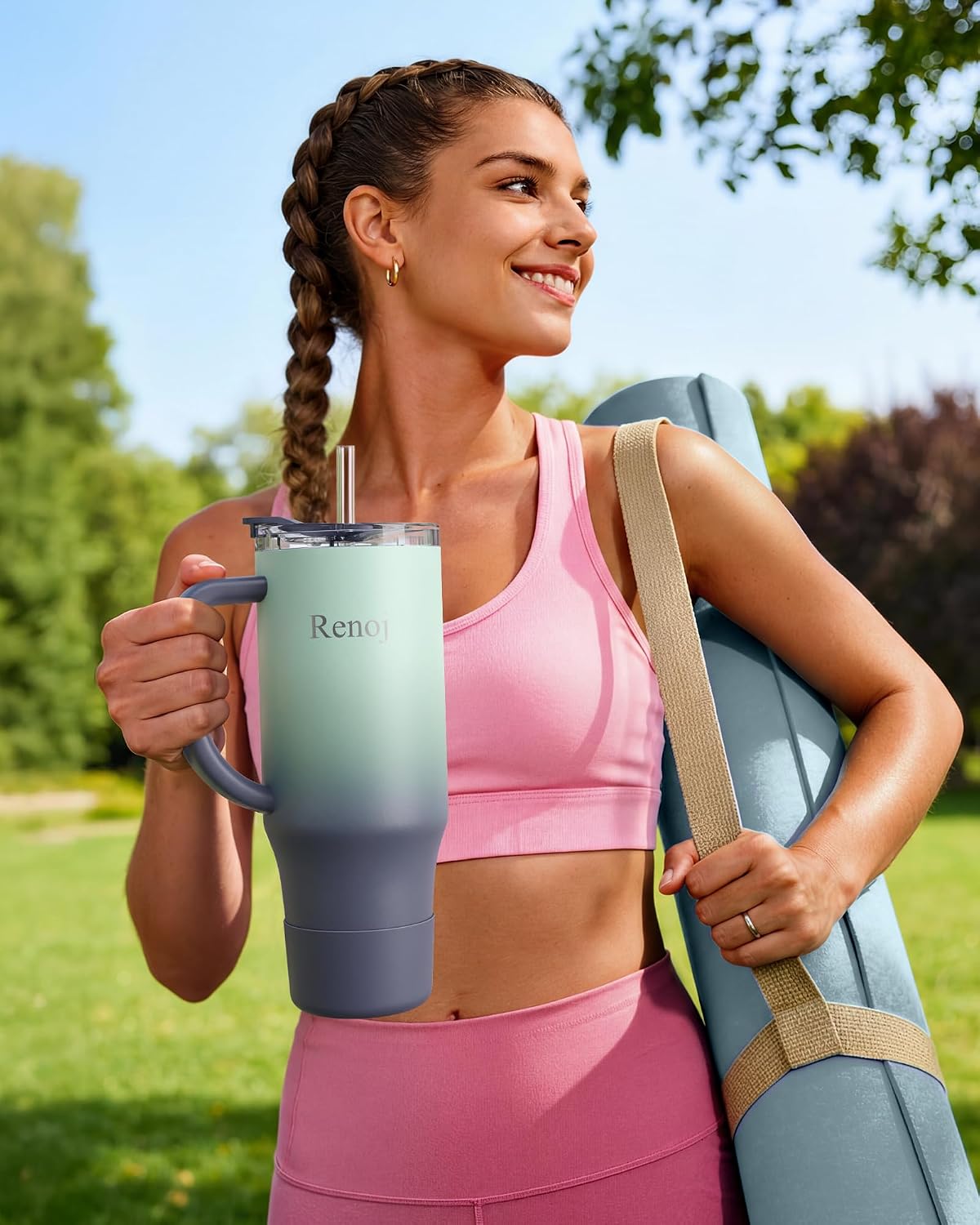 Renoj Insulated Mug 100% Leak Proof Insulated Water Bottle for Iced Coffee & Hot Drinks - Fits Car Cup Holder, Ideal Gift, 2 Straws & Silicone Boot - SnapShift Pink 32 oz