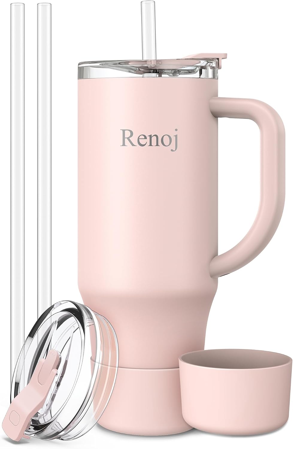 Renoj Insulated Mug 100% Leak Proof Insulated Water Bottle for Iced Coffee & Hot Drinks - Fits Car Cup Holder, Ideal Gift, 2 Straws & Silicone Boot - SnapShift Pink 32 oz