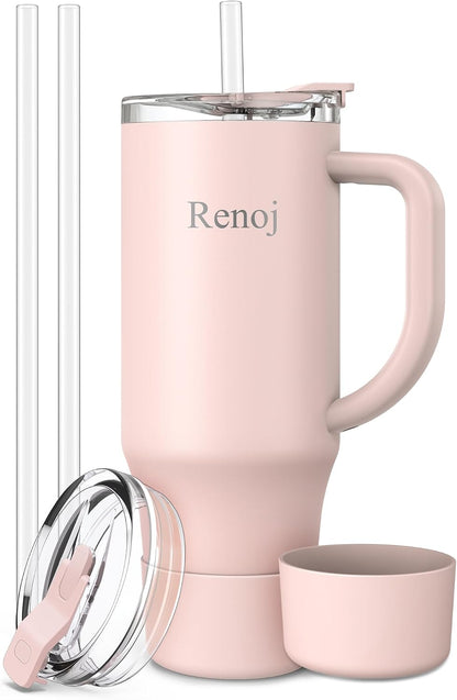 Renoj Insulated Mug 100% Leak Proof Insulated Water Bottle for Iced Coffee & Hot Drinks - Fits Car Cup Holder, Ideal Gift, 2 Straws & Silicone Boot - SnapShift Pink 32 oz