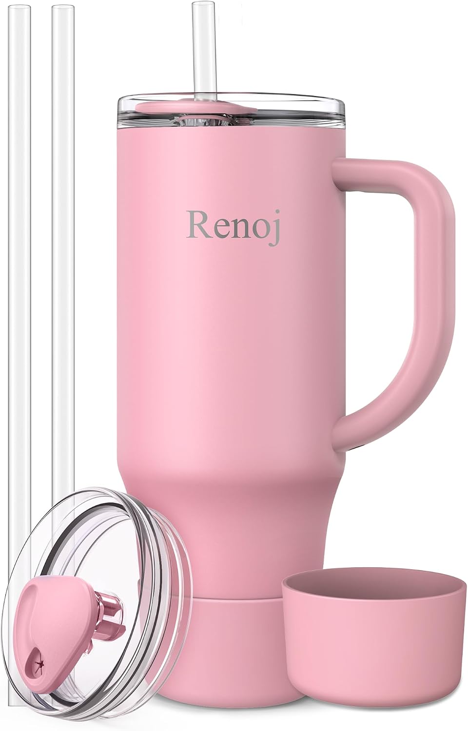 Renoj Insulated Mug 100% Leak Proof Insulated Water Bottle for Iced Coffee & Hot Drinks - Fits Car Cup Holder, Ideal Gift, 2 Straws & Silicone Boot - SnapShift Pink 32 oz