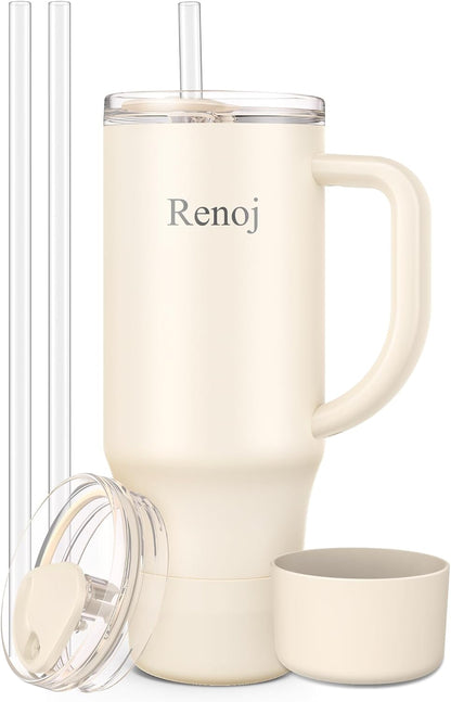 Renoj Insulated Mug 100% Leak Proof Insulated Water Bottle for Iced Coffee & Hot Drinks - Fits Car Cup Holder, Ideal Gift, 2 Straws & Silicone Boot - SnapShift Pink 32 oz