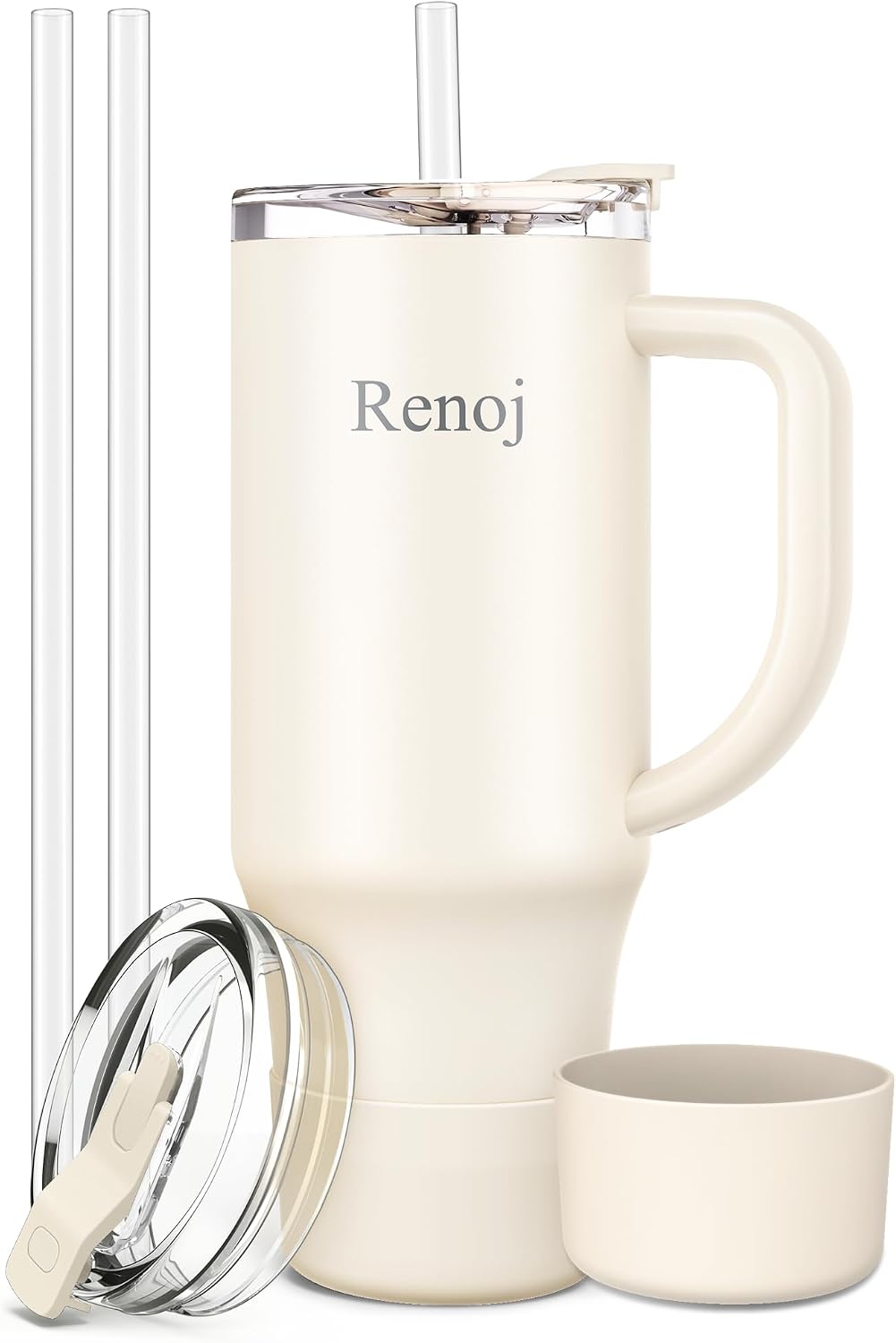 Renoj Insulated Mug 100% Leak Proof Insulated Water Bottle for Iced Coffee & Hot Drinks - Fits Car Cup Holder, Ideal Gift, 2 Straws & Silicone Boot - SnapShift Pink 32 oz