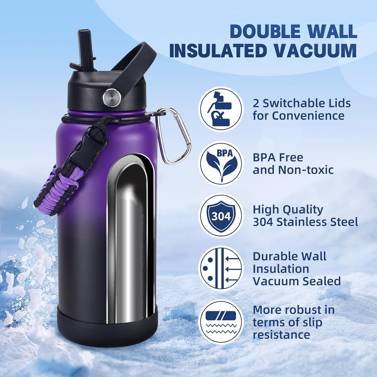 Insulated Water Bottle, 32 oz Stainless Steel Wide Mouth Water Bottles with 2 Leak Proof Lid and Paracord Handle, Double Wall Vacuum Insulated Sports Water Bottle, Purple Black