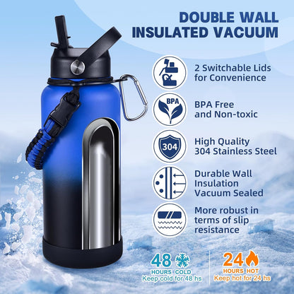 Insulated Water Bottle, 32 oz Stainless Steel Wide Mouth Water Bottles with 2 Leak Proof Lid and Paracord Handle, Double Wall Vacuum Insulated Sports Water Bottle, Purple Black