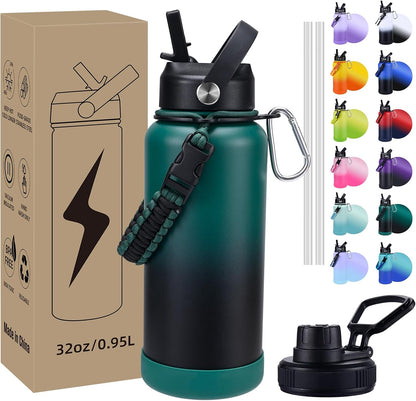 Insulated Water Bottle, 32 oz Stainless Steel Wide Mouth Water Bottles with 2 Leak Proof Lid and Paracord Handle, Double Wall Vacuum Insulated Sports Water Bottle, Purple Black