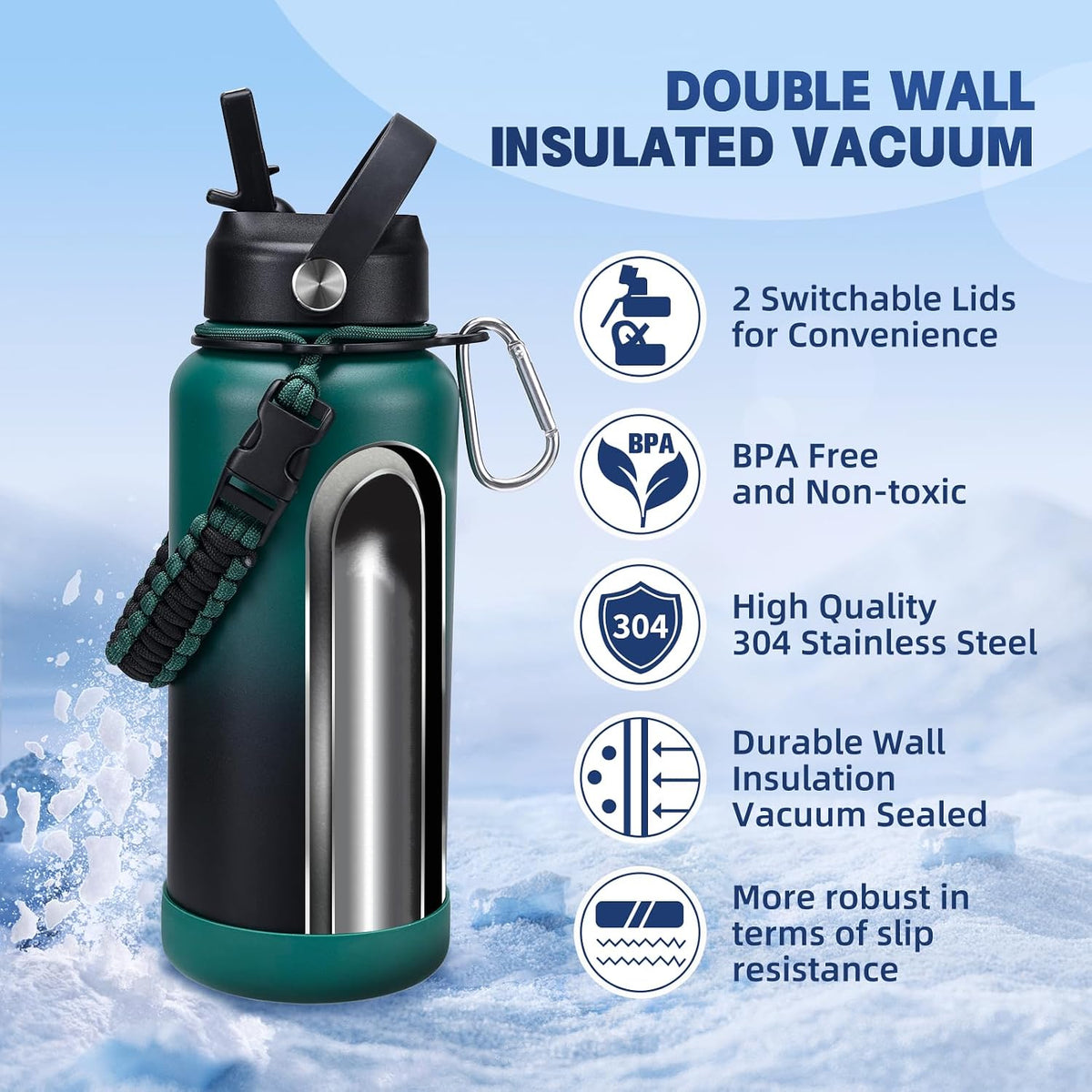 Insulated Water Bottle, 32 oz Stainless Steel Wide Mouth Water Bottles with 2 Leak Proof Lid and Paracord Handle, Double Wall Vacuum Insulated Sports Water Bottle, Purple Black