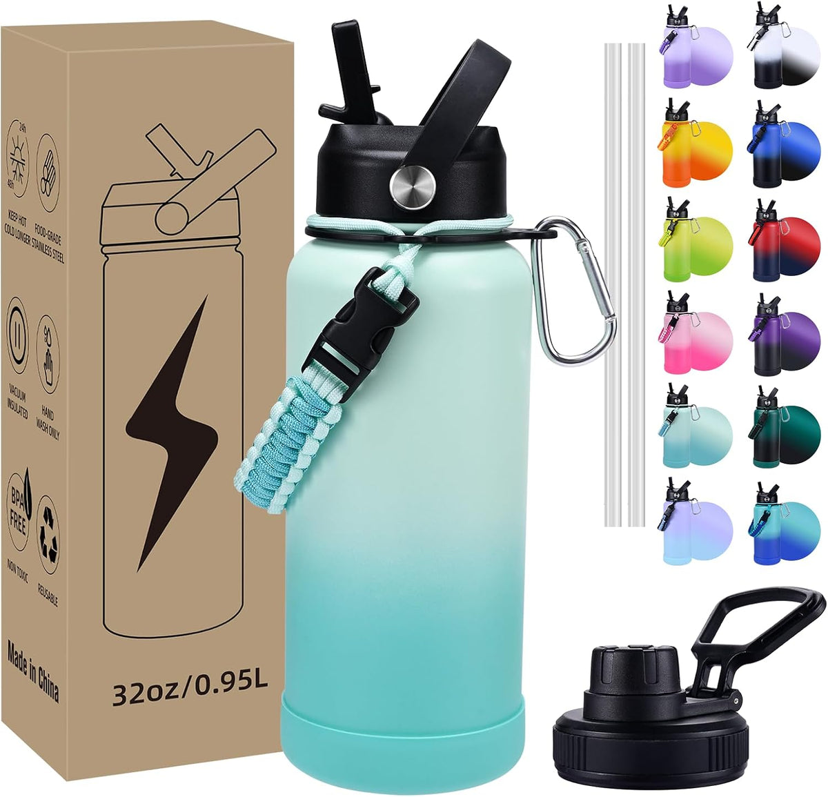 Insulated Water Bottle, 32 oz Stainless Steel Wide Mouth Water Bottles with 2 Leak Proof Lid and Paracord Handle, Double Wall Vacuum Insulated Sports Water Bottle, Purple Black
