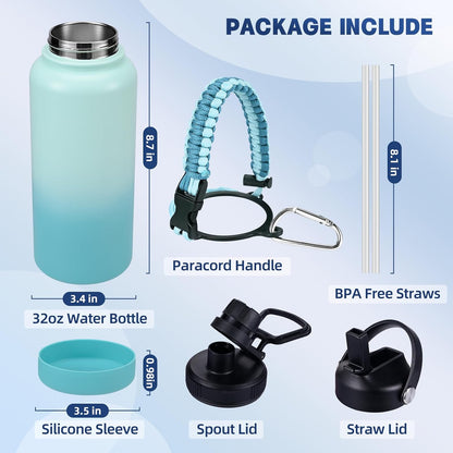 Insulated Water Bottle, 32 oz Stainless Steel Wide Mouth Water Bottles with 2 Leak Proof Lid and Paracord Handle, Double Wall Vacuum Insulated Sports Water Bottle, Purple Black