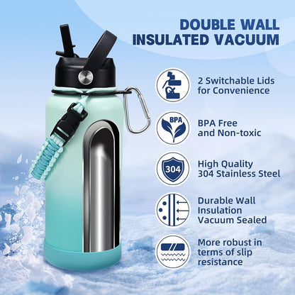 Insulated Water Bottle, 32 oz Stainless Steel Wide Mouth Water Bottles with 2 Leak Proof Lid and Paracord Handle, Double Wall Vacuum Insulated Sports Water Bottle, Purple Black