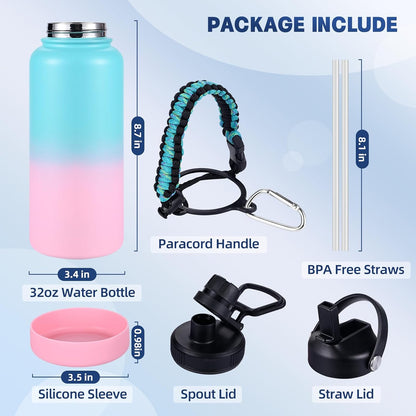 Insulated Water Bottle, 32 oz Stainless Steel Wide Mouth Water Bottles with 2 Leak Proof Lid and Paracord Handle, Double Wall Vacuum Insulated Sports Water Bottle, Purple Black