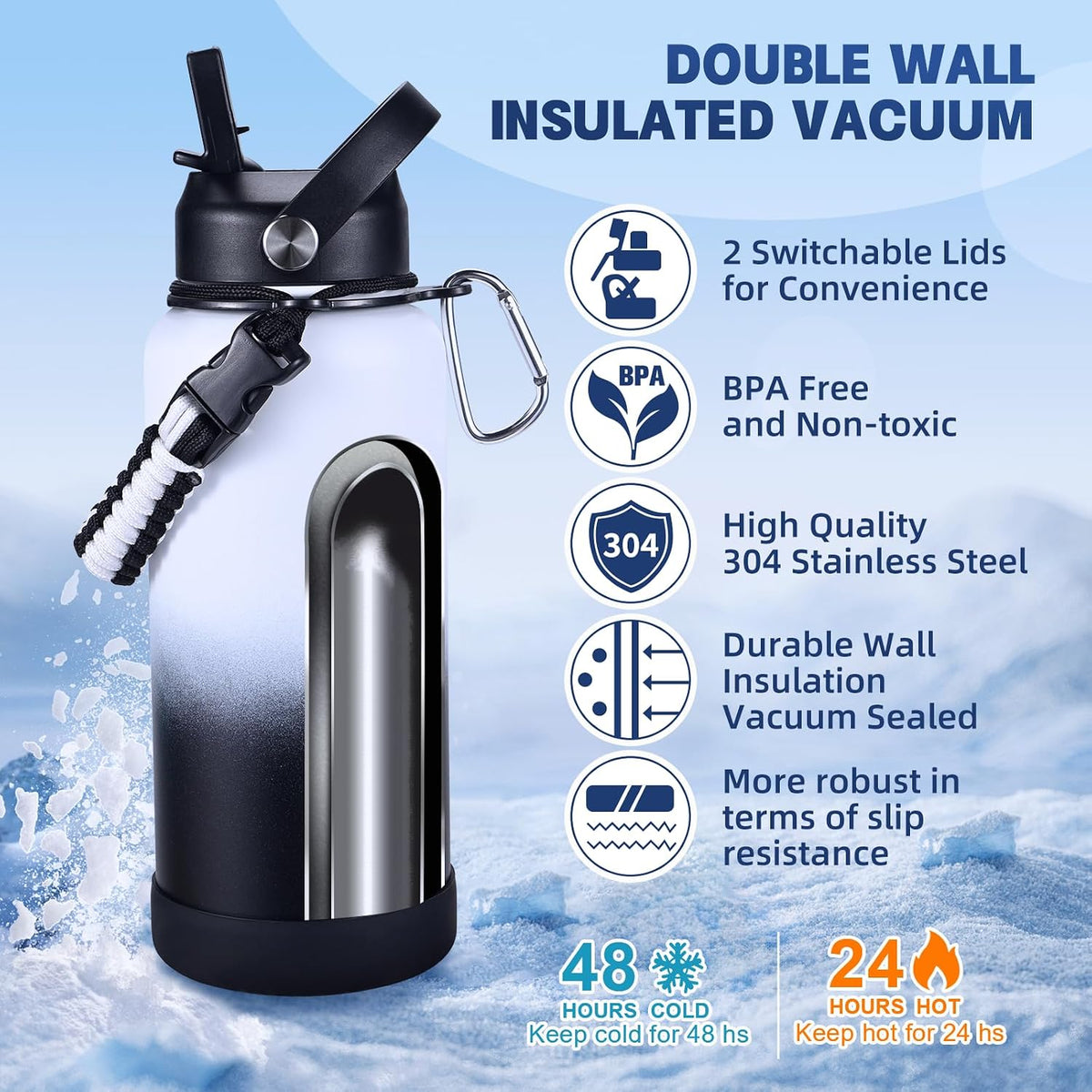 Insulated Water Bottle, 32 oz Stainless Steel Wide Mouth Water Bottles with 2 Leak Proof Lid and Paracord Handle, Double Wall Vacuum Insulated Sports Water Bottle, Purple Black