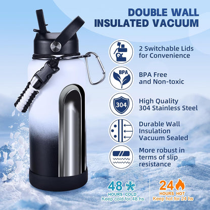 Insulated Water Bottle, 32 oz Stainless Steel Wide Mouth Water Bottles with 2 Leak Proof Lid and Paracord Handle, Double Wall Vacuum Insulated Sports Water Bottle, Purple Black