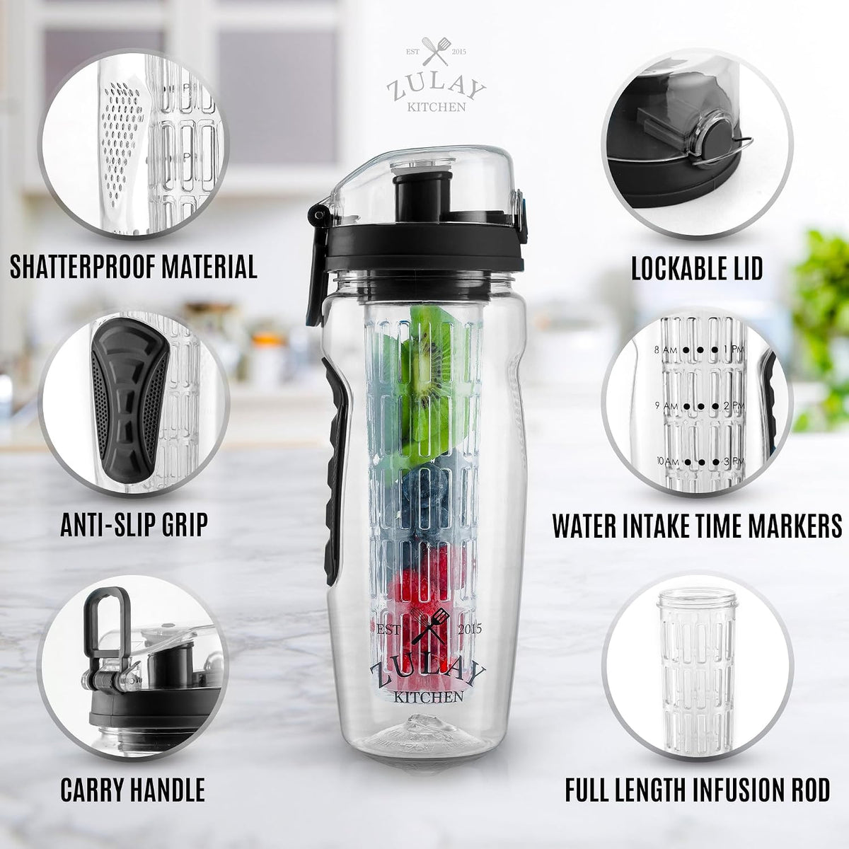Zulay Fruit Infuser Water Bottle - 34oz - Leakproof With Full-Length Infusion Rod - Men Women's Ideal Fitness Gift Or For Gym, Camping