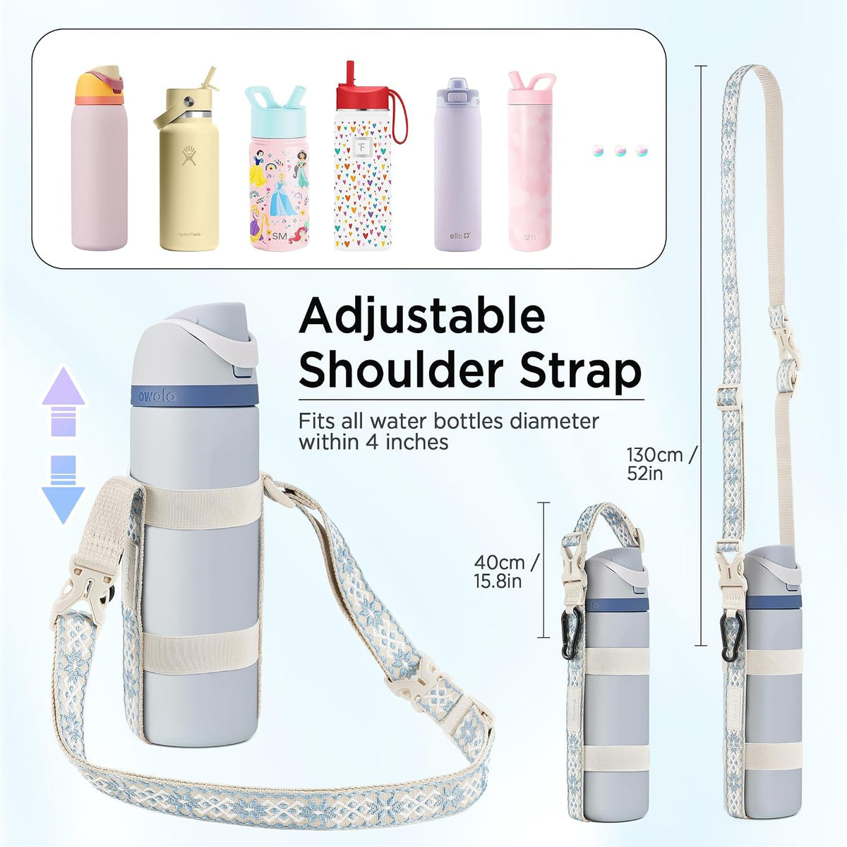 Water Bottle Holder Strap Sling, for Owala FreeSip 24 32 54 oz, Hydro Flask, Cirkul, Yeti, Stanley Flip, Universal Water Bottles, with Carabiner, for Walking Curise Travel (Bottle Excluded)