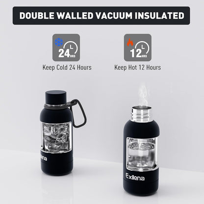 Slim Insulated Water Bottles for Travel 18oz with Clip, Double Wall Vacuum Stainless Steel Water Bottle Keeps Drinks Cold 24 Hrs/Hot 12 Hrs, 100% Leakproof, BPA Free(Black)