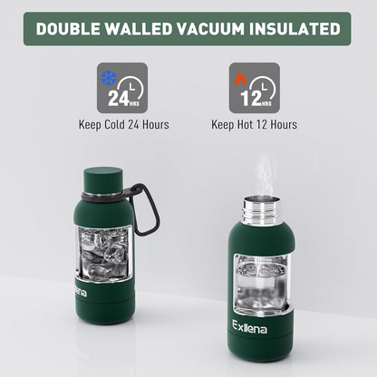 Slim Insulated Water Bottles for Travel 18oz with Clip, Double Wall Vacuum Stainless Steel Water Bottle Keeps Drinks Cold 24 Hrs/Hot 12 Hrs, 100% Leakproof, BPA Free(Black)