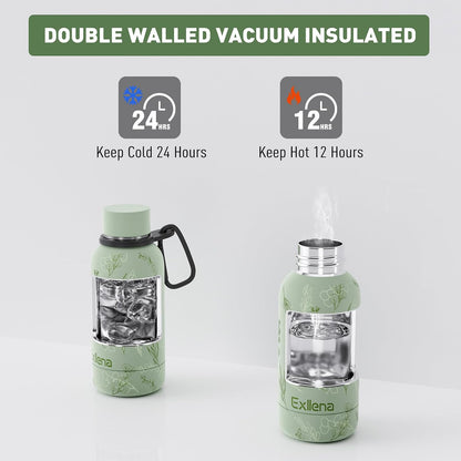 Slim Insulated Water Bottles for Travel 18oz with Clip, Double Wall Vacuum Stainless Steel Water Bottle Keeps Drinks Cold 24 Hrs/Hot 12 Hrs, 100% Leakproof, BPA Free(Black)