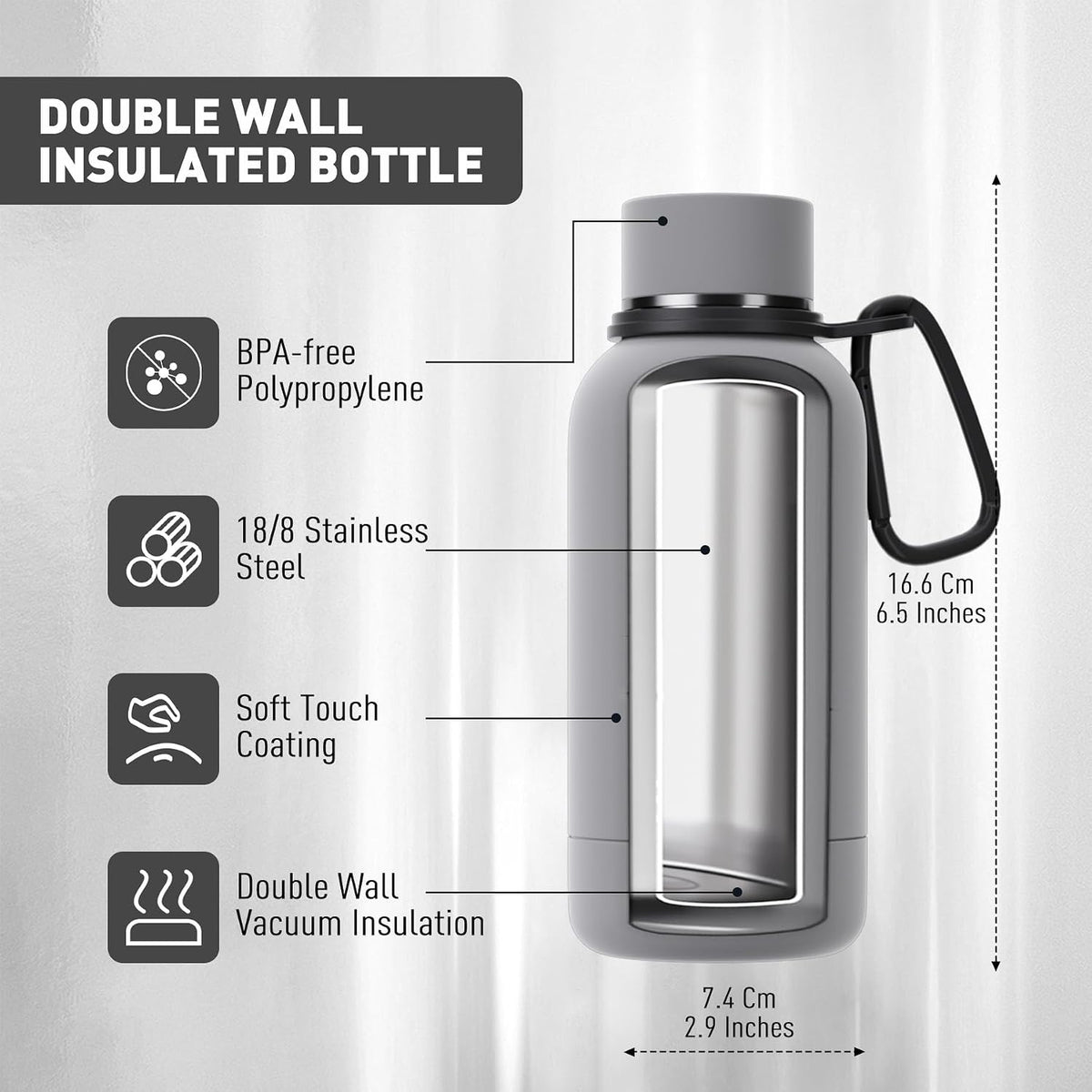 Slim Insulated Water Bottles for Travel 18oz with Clip, Double Wall Vacuum Stainless Steel Water Bottle Keeps Drinks Cold 24 Hrs/Hot 12 Hrs, 100% Leakproof, BPA Free(Black)