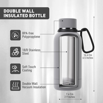 Slim Insulated Water Bottles for Travel 18oz with Clip, Double Wall Vacuum Stainless Steel Water Bottle Keeps Drinks Cold 24 Hrs/Hot 12 Hrs, 100% Leakproof, BPA Free(Black)