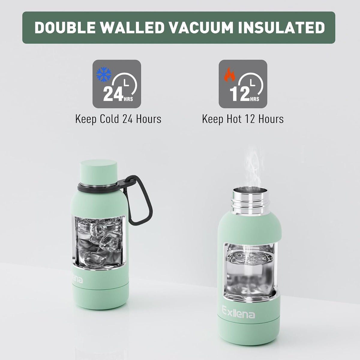Slim Insulated Water Bottles for Travel 18oz with Clip, Double Wall Vacuum Stainless Steel Water Bottle Keeps Drinks Cold 24 Hrs/Hot 12 Hrs, 100% Leakproof, BPA Free(Black)