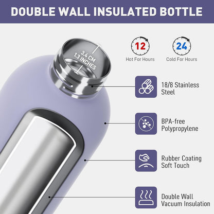 Slim Insulated Water Bottles for Travel 18oz with Clip, Double Wall Vacuum Stainless Steel Water Bottle Keeps Drinks Cold 24 Hrs/Hot 12 Hrs, 100% Leakproof, BPA Free(Black)