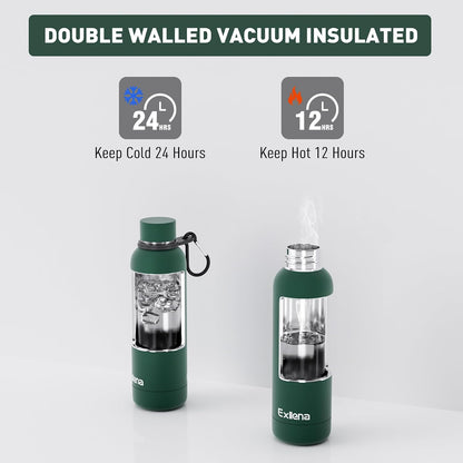 Slim Insulated Water Bottles for Travel 18oz with Clip, Double Wall Vacuum Stainless Steel Water Bottle Keeps Drinks Cold 24 Hrs/Hot 12 Hrs, 100% Leakproof, BPA Free(Black)