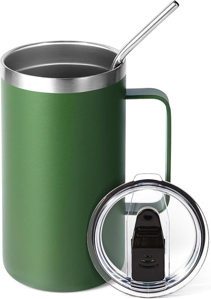 Volhoply 22oz Insulated Stainless Steel Coffee Mug with Leakproof Lid,Double Wall Vacuum Travel Coffee Cup with Handle,Reusable Metal Tumbler,Camping Mugs Keep Hot&Cold(Gray,1)