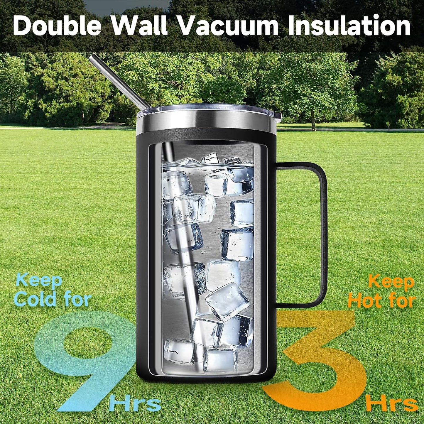 Volhoply 22oz Insulated Stainless Steel Coffee Mug with Leakproof Lid,Double Wall Vacuum Travel Coffee Cup with Handle,Reusable Metal Tumbler,Camping Mugs Keep Hot&Cold(Gray,1)