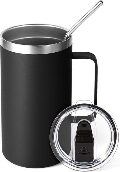 Volhoply 22oz Insulated Stainless Steel Coffee Mug with Leakproof Lid,Double Wall Vacuum Travel Coffee Cup with Handle,Reusable Metal Tumbler,Camping Mugs Keep Hot&Cold(Gray,1)