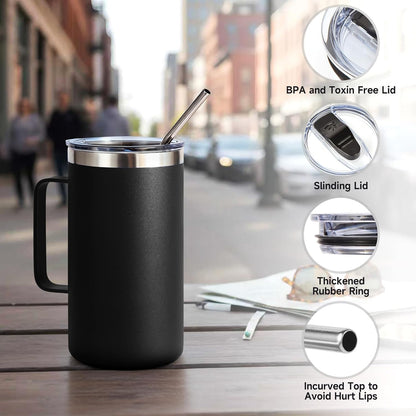 Volhoply 22oz Insulated Stainless Steel Coffee Mug with Leakproof Lid,Double Wall Vacuum Travel Coffee Cup with Handle,Reusable Metal Tumbler,Camping Mugs Keep Hot&Cold(Gray,1)
