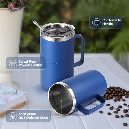 Volhoply 22oz Insulated Stainless Steel Coffee Mug with Leakproof Lid,Double Wall Vacuum Travel Coffee Cup with Handle,Reusable Metal Tumbler,Camping Mugs Keep Hot&Cold(Gray,1)