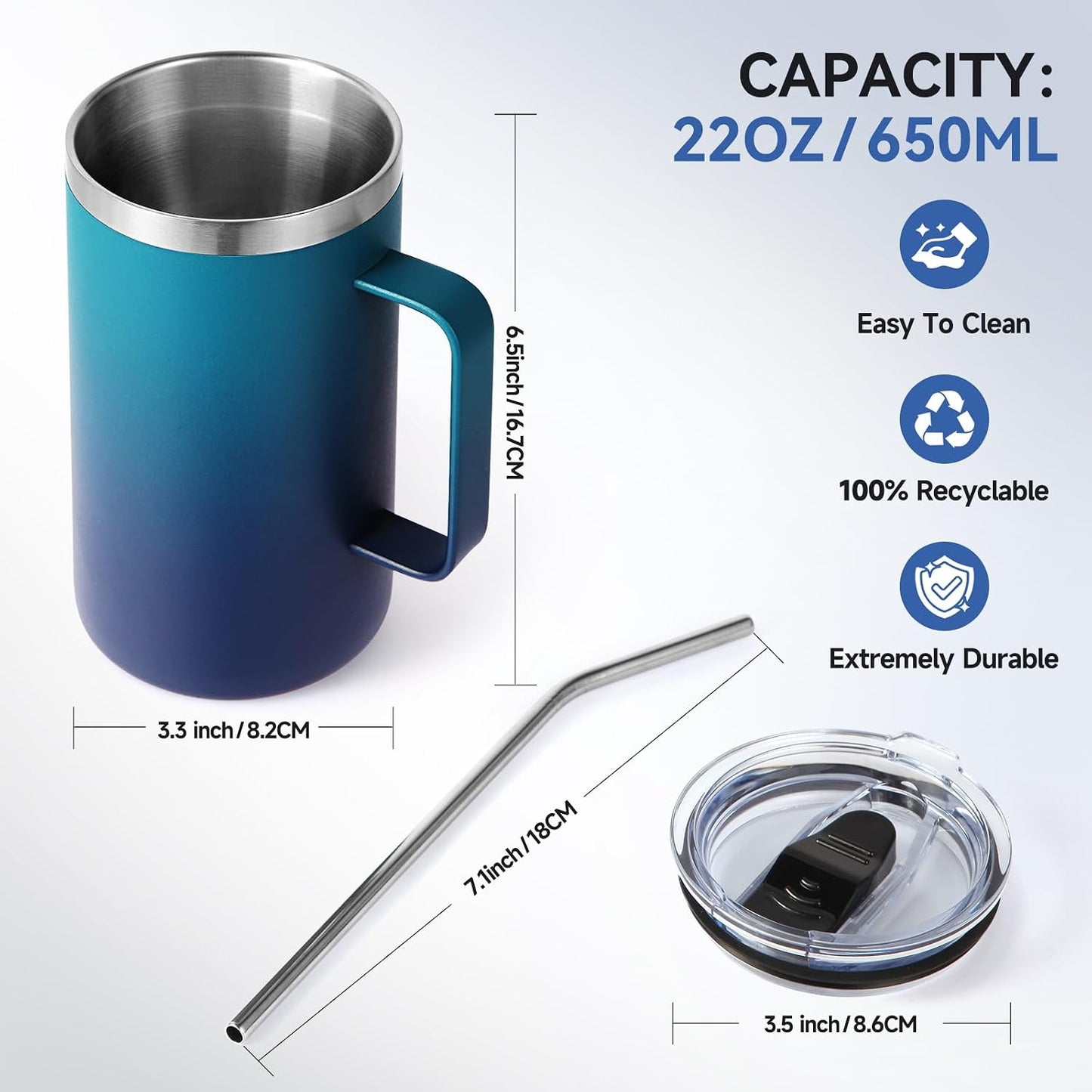 Volhoply 22oz Insulated Stainless Steel Coffee Mug with Leakproof Lid,Double Wall Vacuum Travel Coffee Cup with Handle,Reusable Metal Tumbler,Camping Mugs Keep Hot&Cold(Gray,1)