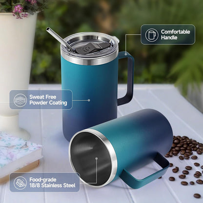 Volhoply 22oz Insulated Stainless Steel Coffee Mug with Leakproof Lid,Double Wall Vacuum Travel Coffee Cup with Handle,Reusable Metal Tumbler,Camping Mugs Keep Hot&Cold(Gray,1)
