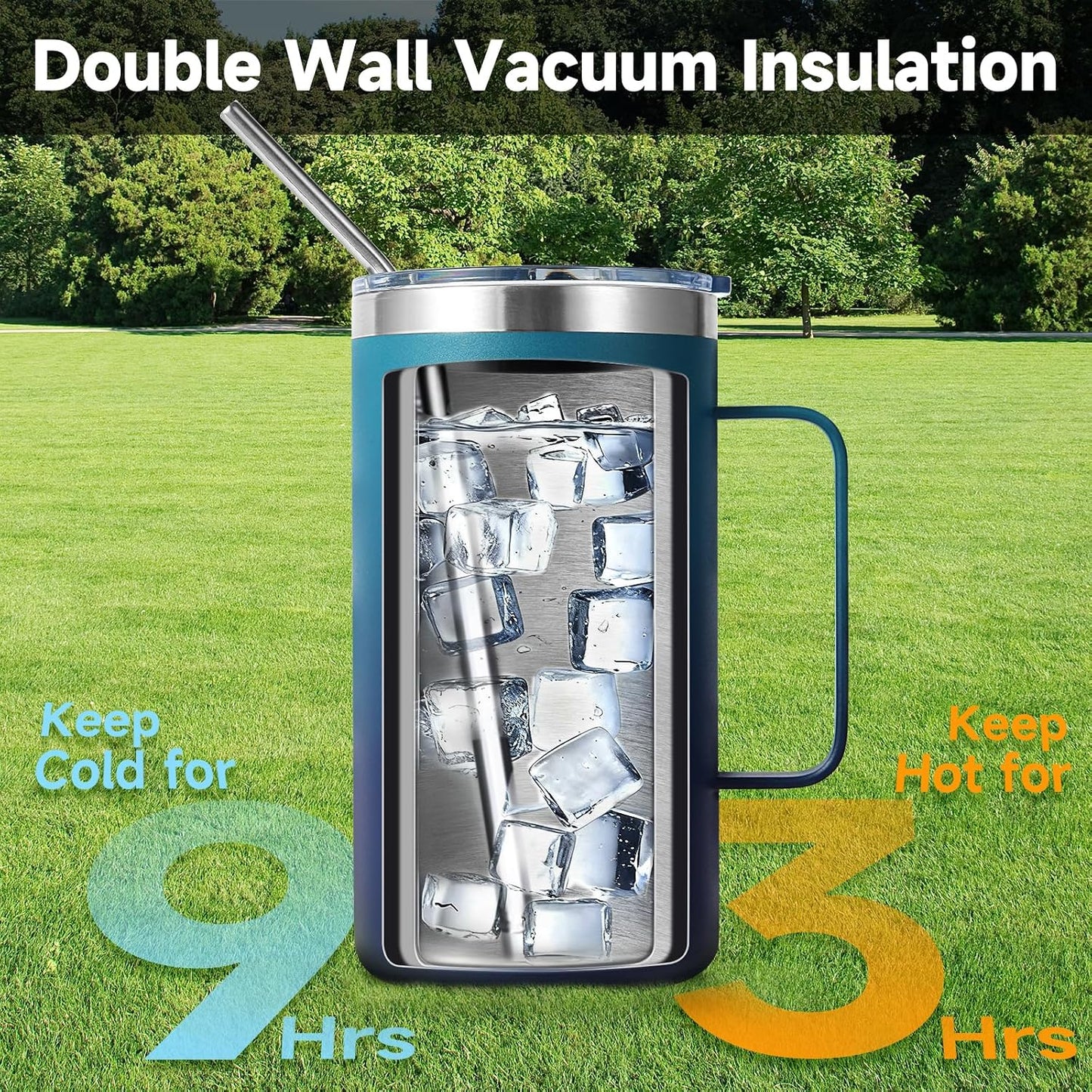 Volhoply 22oz Insulated Stainless Steel Coffee Mug with Leakproof Lid,Double Wall Vacuum Travel Coffee Cup with Handle,Reusable Metal Tumbler,Camping Mugs Keep Hot&Cold(Gray,1)