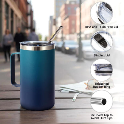 Volhoply 22oz Insulated Stainless Steel Coffee Mug with Leakproof Lid,Double Wall Vacuum Travel Coffee Cup with Handle,Reusable Metal Tumbler,Camping Mugs Keep Hot&Cold(Gray,1)