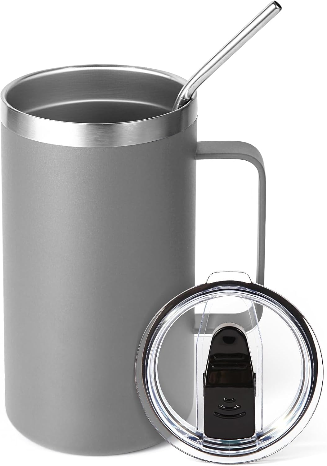 Volhoply 22oz Insulated Stainless Steel Coffee Mug with Leakproof Lid,Double Wall Vacuum Travel Coffee Cup with Handle,Reusable Metal Tumbler,Camping Mugs Keep Hot&Cold(Gray,1)