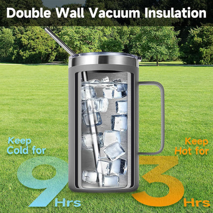 Volhoply 22oz Insulated Stainless Steel Coffee Mug with Leakproof Lid,Double Wall Vacuum Travel Coffee Cup with Handle,Reusable Metal Tumbler,Camping Mugs Keep Hot&Cold(Gray,1)