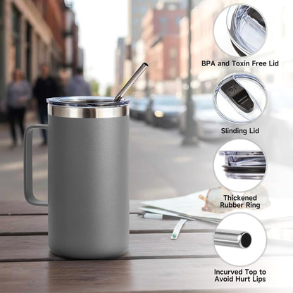 Volhoply 22oz Insulated Stainless Steel Coffee Mug with Leakproof Lid,Double Wall Vacuum Travel Coffee Cup with Handle,Reusable Metal Tumbler,Camping Mugs Keep Hot&Cold(Gray,1)
