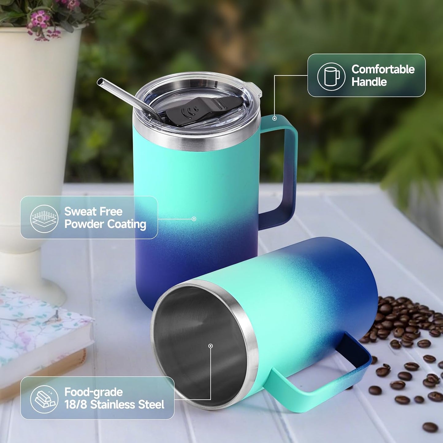Volhoply 22oz Insulated Stainless Steel Coffee Mug with Leakproof Lid,Double Wall Vacuum Travel Coffee Cup with Handle,Reusable Metal Tumbler,Camping Mugs Keep Hot&Cold(Gray,1)