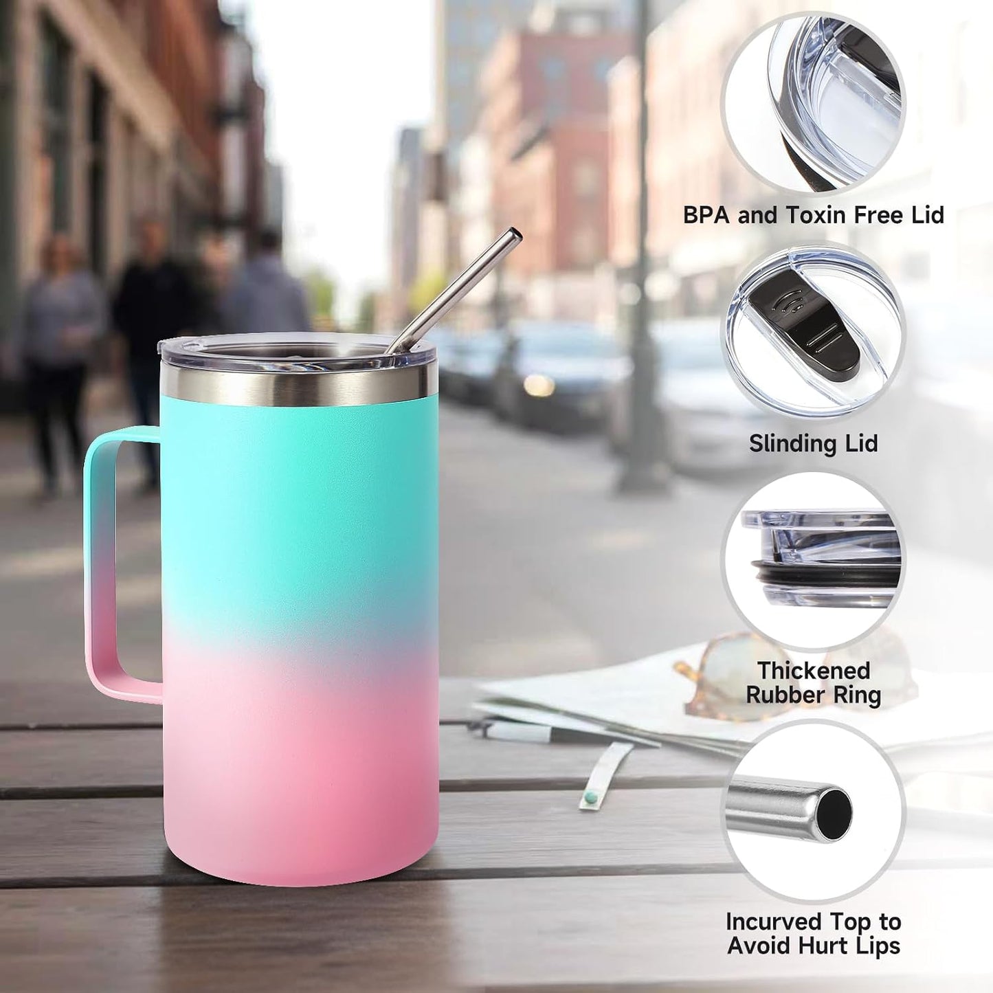 Volhoply 22oz Insulated Stainless Steel Coffee Mug with Leakproof Lid,Double Wall Vacuum Travel Coffee Cup with Handle,Reusable Metal Tumbler,Camping Mugs Keep Hot&Cold(Gray,1)