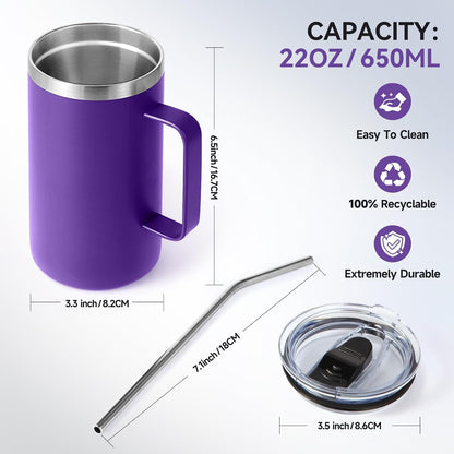 Volhoply 22oz Insulated Stainless Steel Coffee Mug with Leakproof Lid,Double Wall Vacuum Travel Coffee Cup with Handle,Reusable Metal Tumbler,Camping Mugs Keep Hot&Cold(Gray,1)