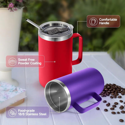 Volhoply 22oz Insulated Stainless Steel Coffee Mug with Leakproof Lid,Double Wall Vacuum Travel Coffee Cup with Handle,Reusable Metal Tumbler,Camping Mugs Keep Hot&Cold(Gray,1)