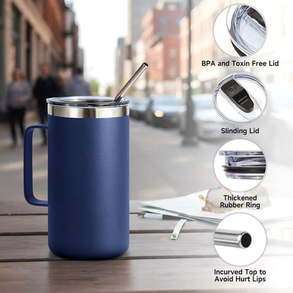 Volhoply 22oz Insulated Stainless Steel Coffee Mug with Leakproof Lid,Double Wall Vacuum Travel Coffee Cup with Handle,Reusable Metal Tumbler,Camping Mugs Keep Hot&Cold(Gray,1)