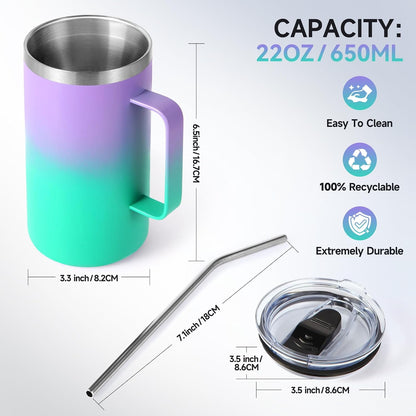 Volhoply 22oz Insulated Stainless Steel Coffee Mug with Leakproof Lid,Double Wall Vacuum Travel Coffee Cup with Handle,Reusable Metal Tumbler,Camping Mugs Keep Hot&Cold(Gray,1)