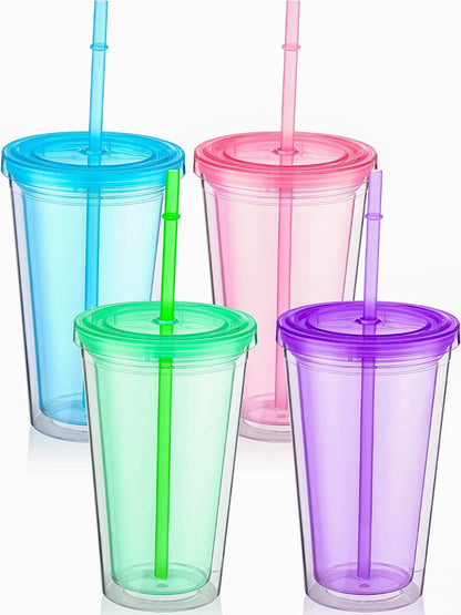 4 Pcs 16oz Tumblers with Lids and Straws Double Wall, Bright Colors