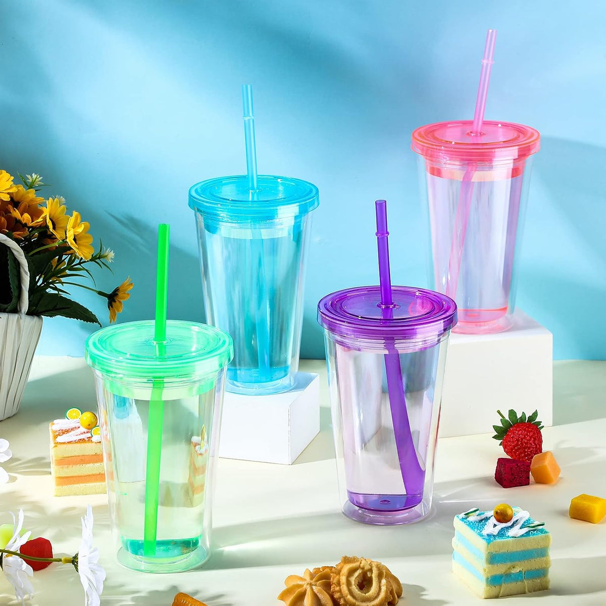 4 Pcs 16oz Tumblers with Lids and Straws Double Wall, Bright Colors